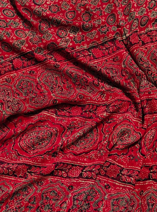 Red Chiffon Double Diamond Saree with Ajrakh-Inspired Floral & Geometric Prints