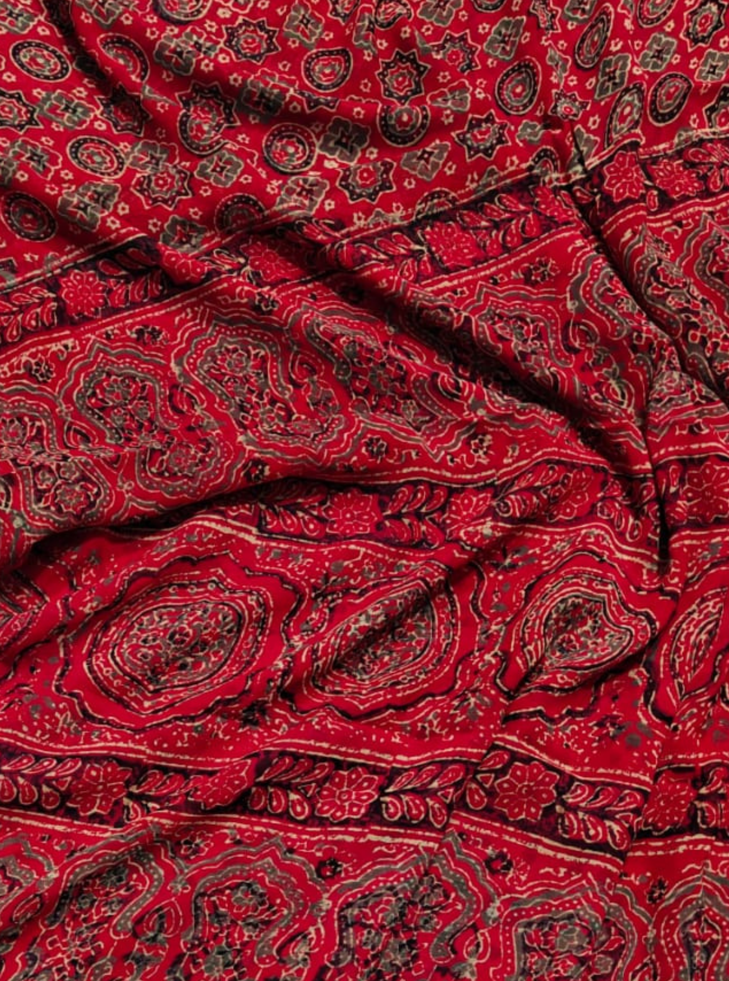 Red Chiffon Double Diamond Saree with Ajrakh-Inspired Floral & Geometric Prints