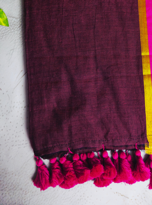 Elegant Wine Mul Cotton Saree with Contrast Pink Border & Tassel Pallu