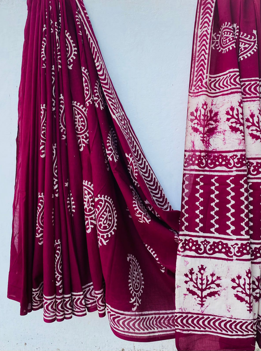 Deep Maroon Bagru Handblock Printed Cotton Saree