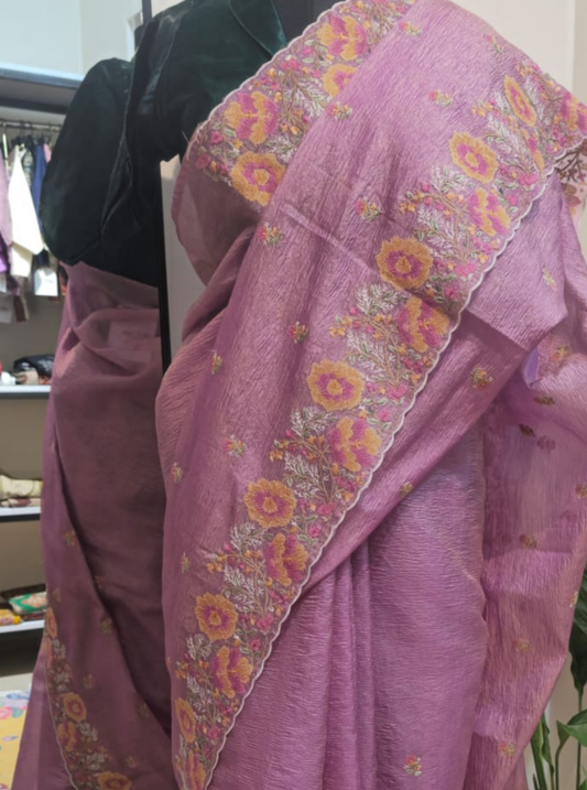 Lavender Crushed Tissue Saree with Floral Embroidered Border