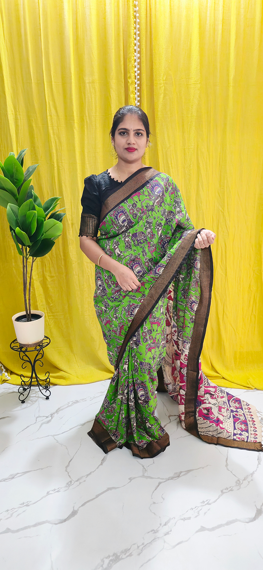 Luxurious Green Kalamkari Mangalagiri Silk Saree with Nizam Border and Hand Block Design