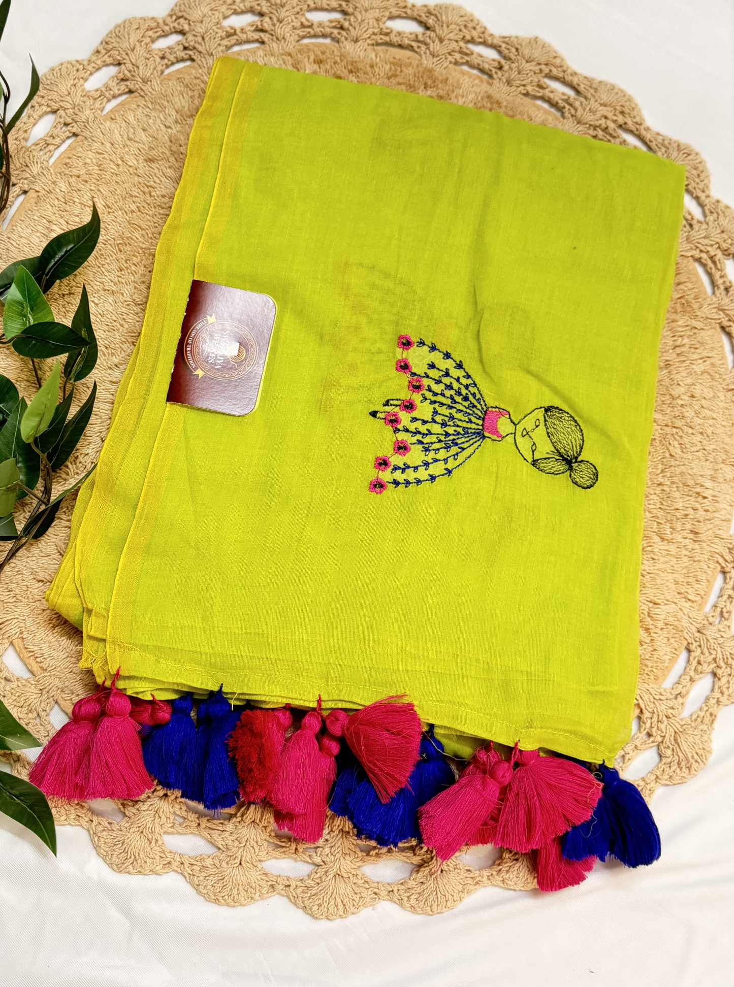 Lime Yellow Mul Cotton Saree with Hand Embroidered Motif & Contrast Tassels