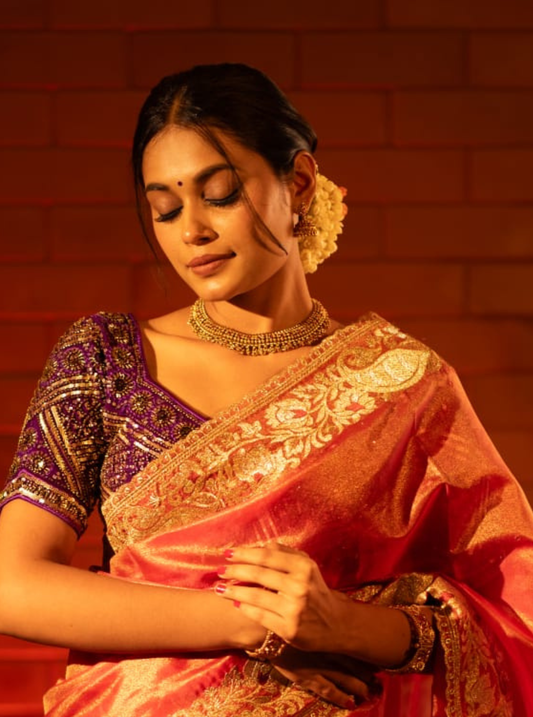 Royal Red Tissue Silk Saree with Rich Gold Zari Border