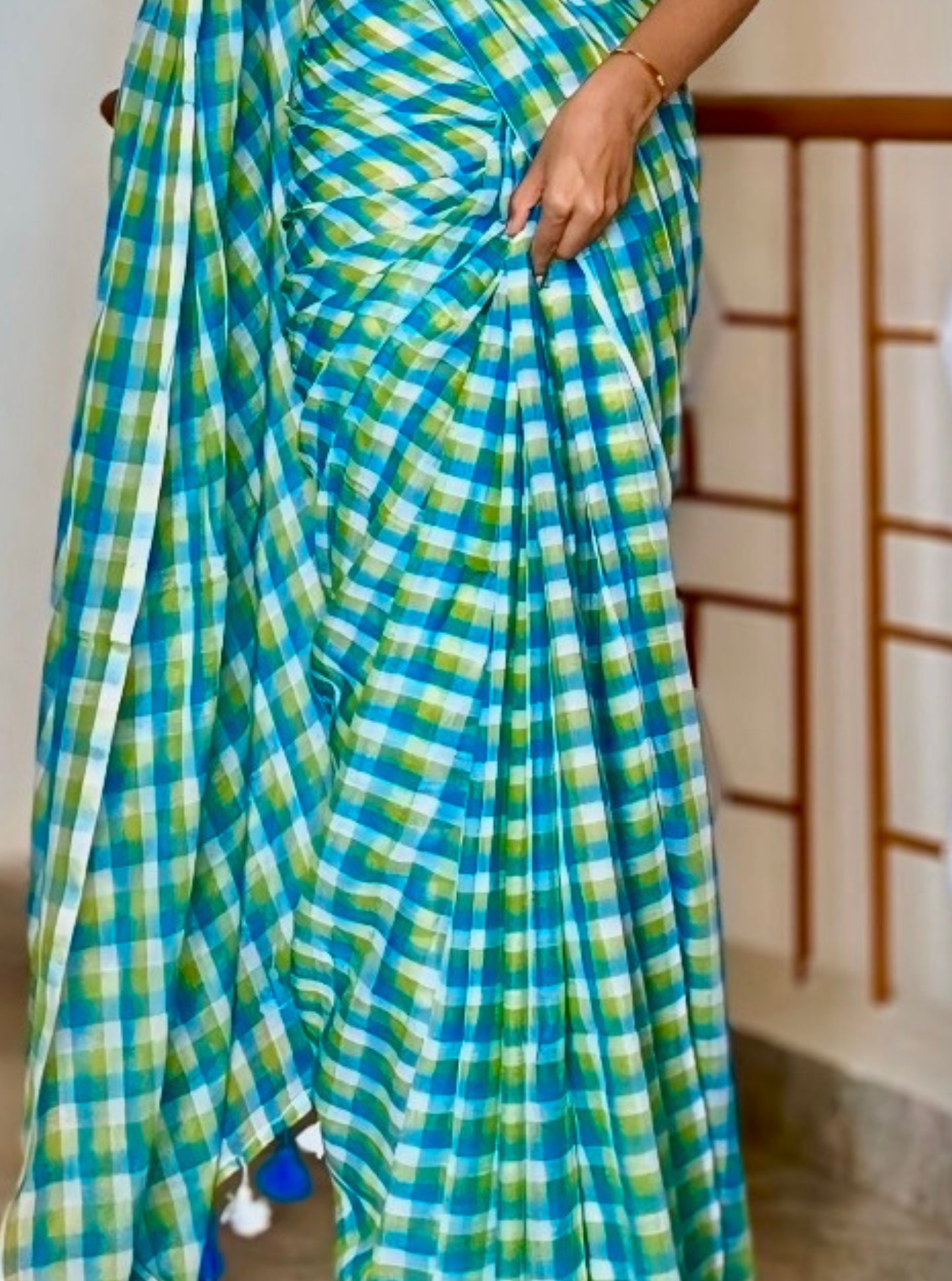 Sky Blue & Lime Green Checked Mul Cotton Saree with Tassels