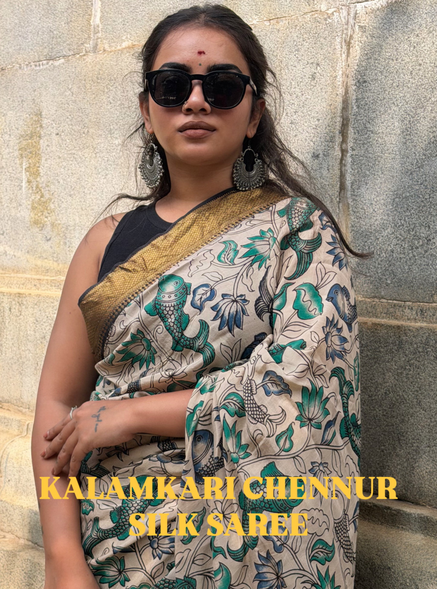 Hand-Blocked Kalamkari Saree with Traditional Fish & Floral Motifs