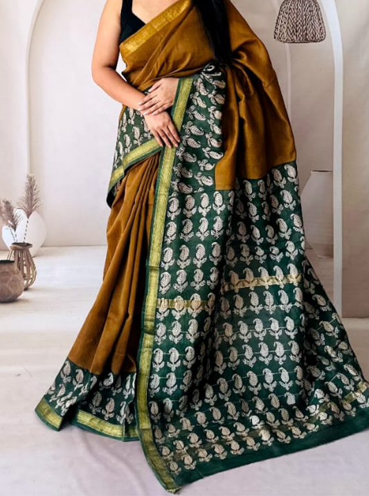 Olive Mustard Maheshwari Silk Saree with Green Woven Pallu