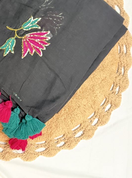 Black Mul Cotton Saree with Sequin Floral Embroidery & Contrast Tassels