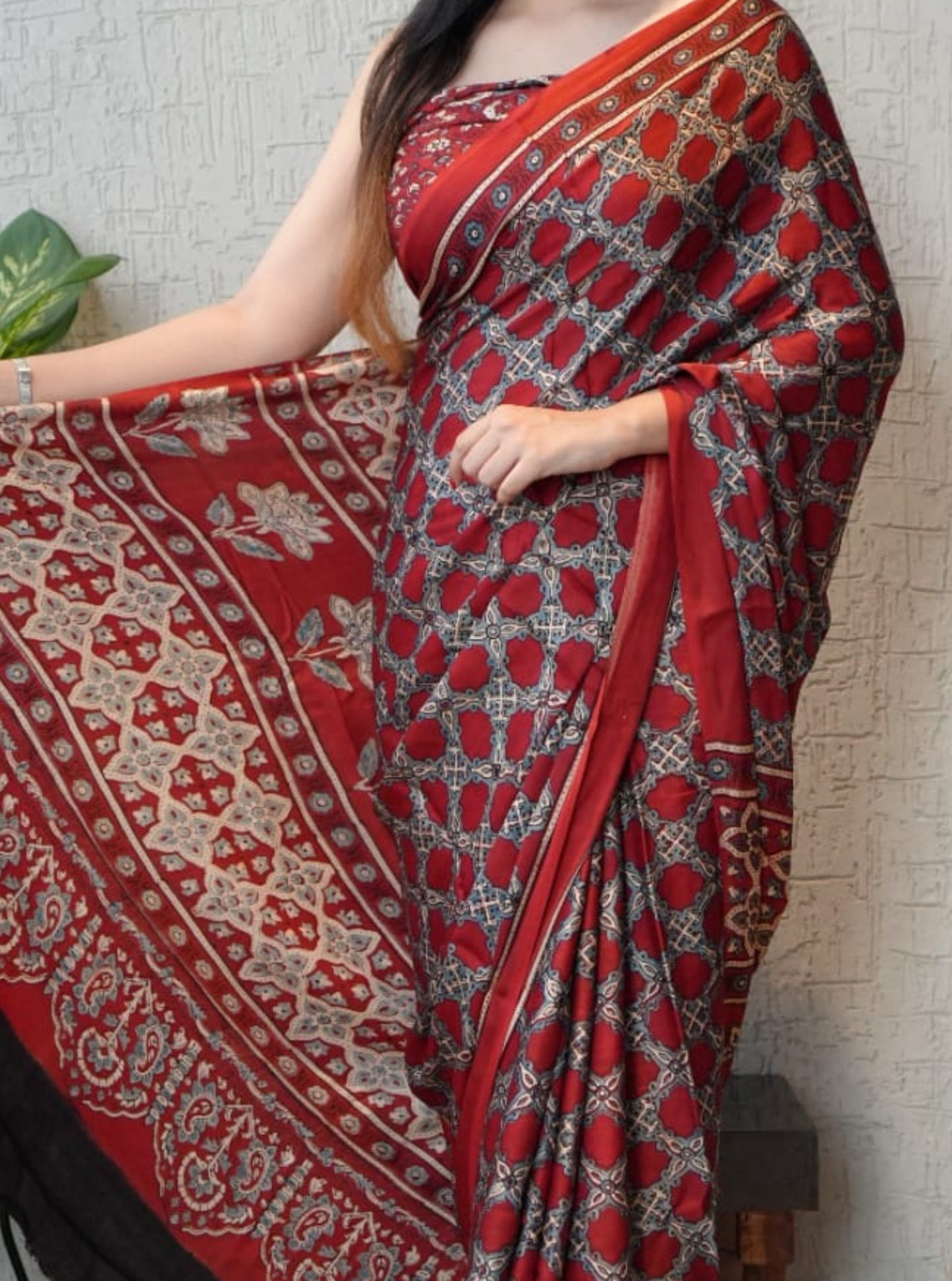 Elegant Red Modal Silk Saree with Traditional Ajrakh-Inspired Motifs