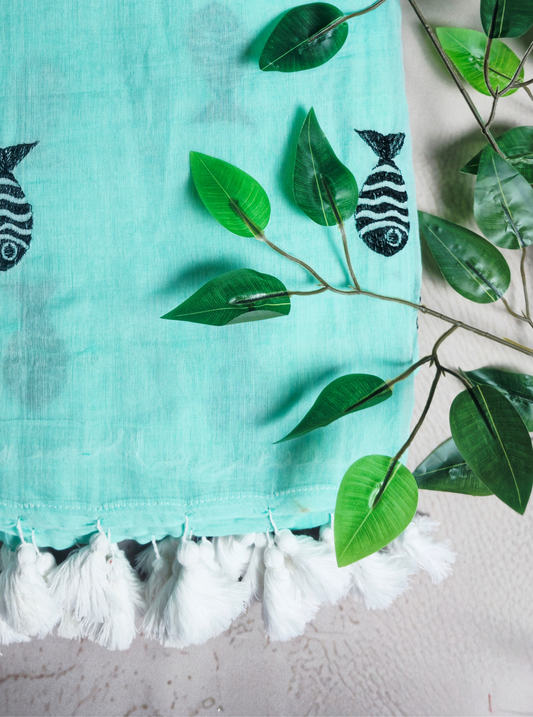 Elegant Aqua Mul Cotton Saree with Fish Motifs & Tassel Pallu