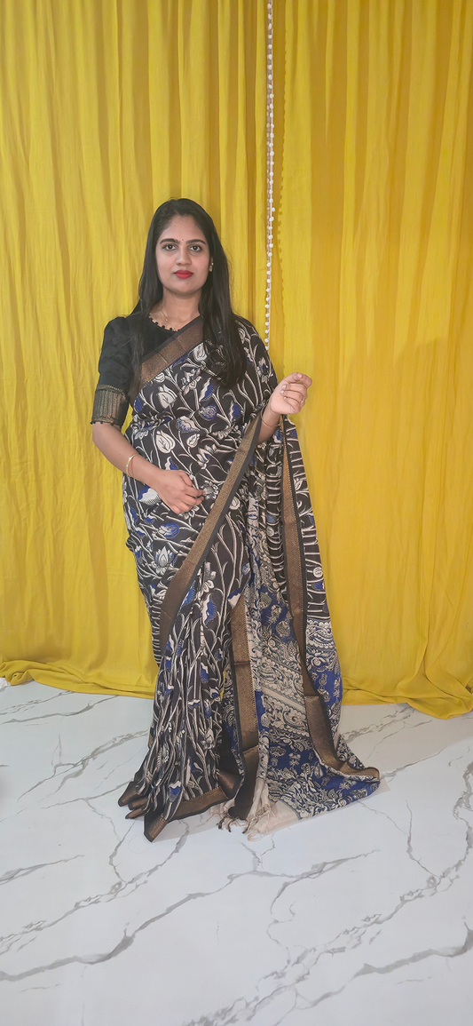 Elegant Black and Blue Kalamkari Mangalagiri Silk Saree with Nizam Border and Hand Block Design