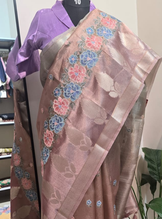 Blush Pink Tissue Organza Saree with Floral Embroidery