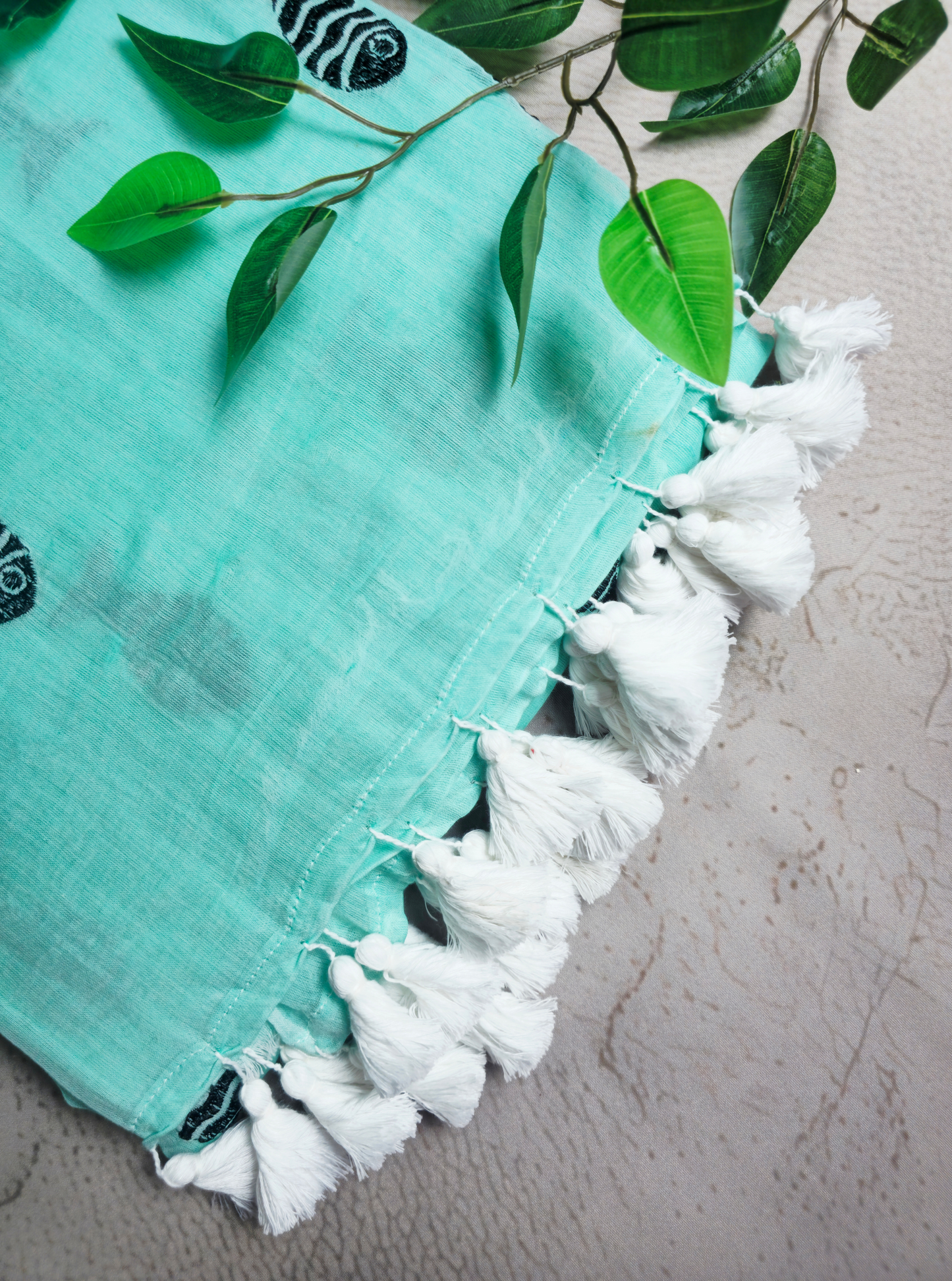 Elegant Aqua Mul Cotton Saree with Fish Motifs & Tassel Pallu