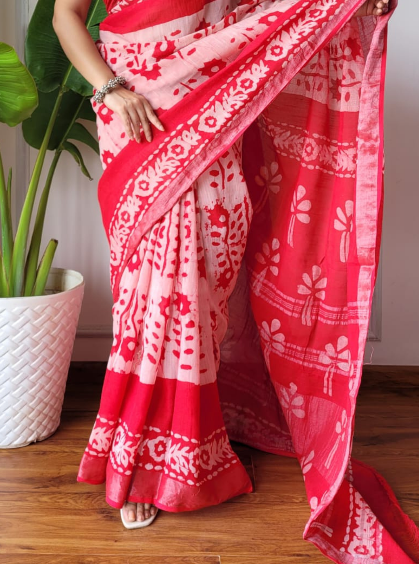 Red & Ivory Cotton Saree with Floral Handblock Print