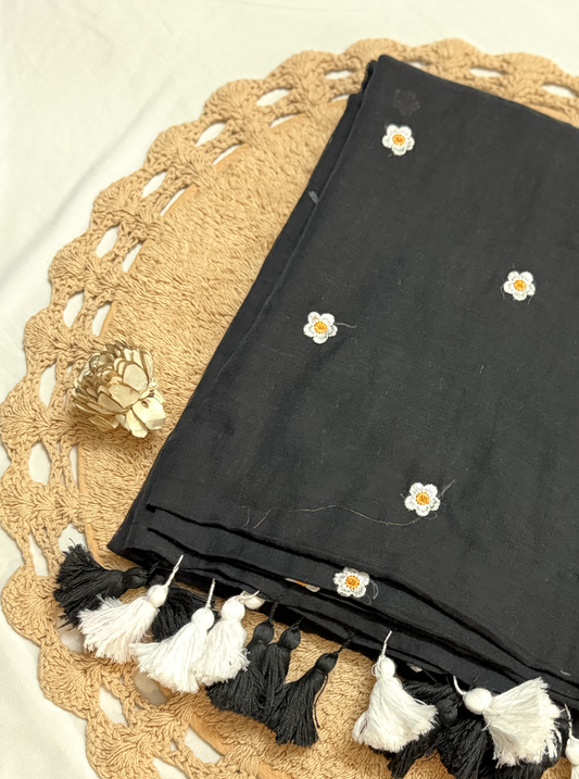 Daisy Charm Black Mul Cotton Saree with Floral Butti & Tassels