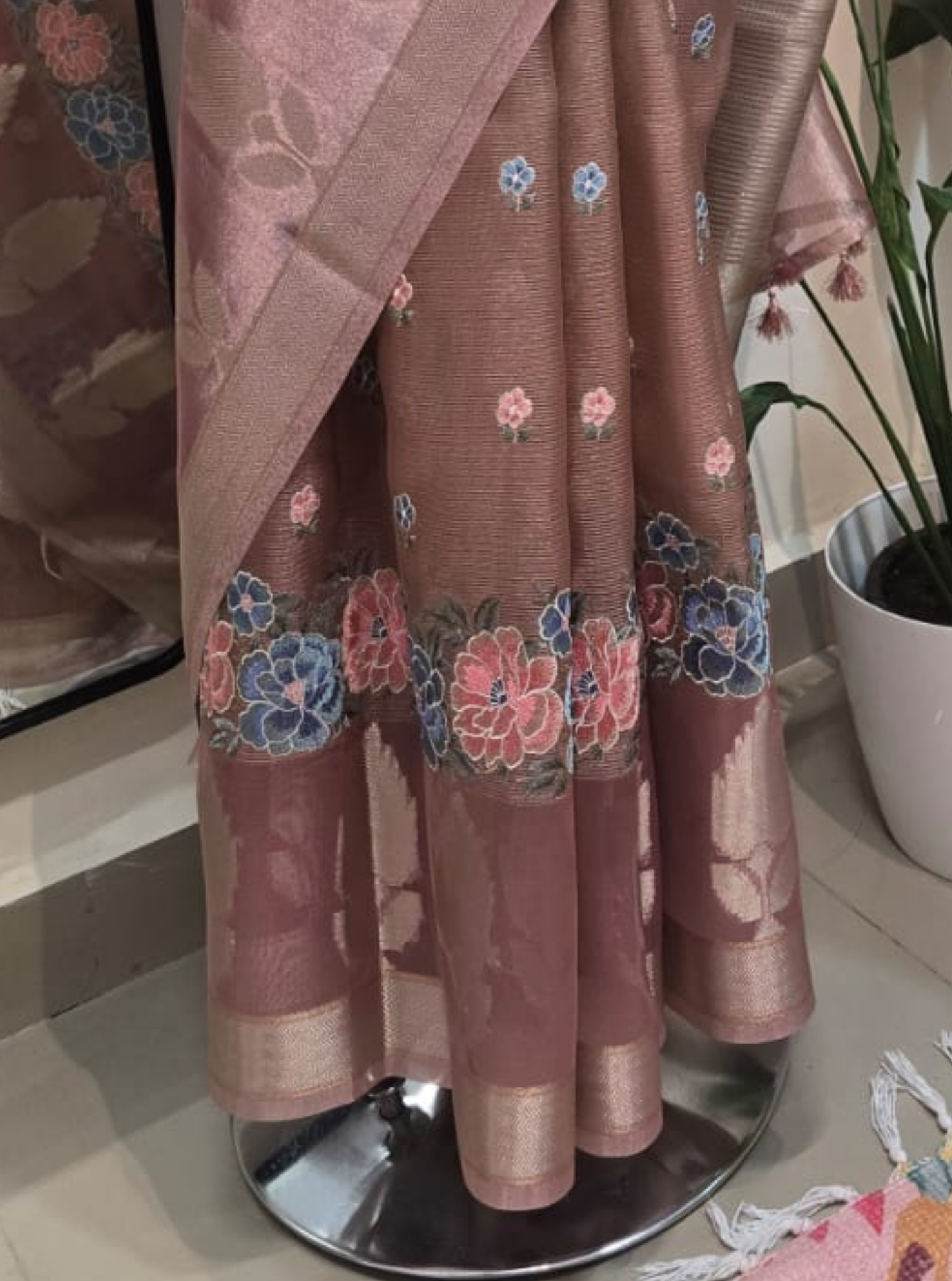 Blush Pink Tissue Organza Saree with Floral Embroidery