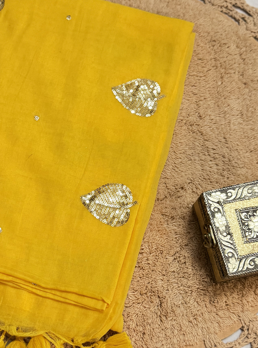 Sunshine Yellow Mul Cotton Saree with Sequin Leaf Motifs & Tassels