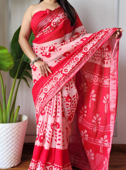 Red & Ivory Cotton Saree with Floral Handblock Print