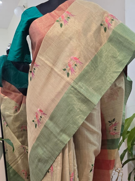 Beige Tissue Saree with Floral Embroidery & Dual-Tone Border