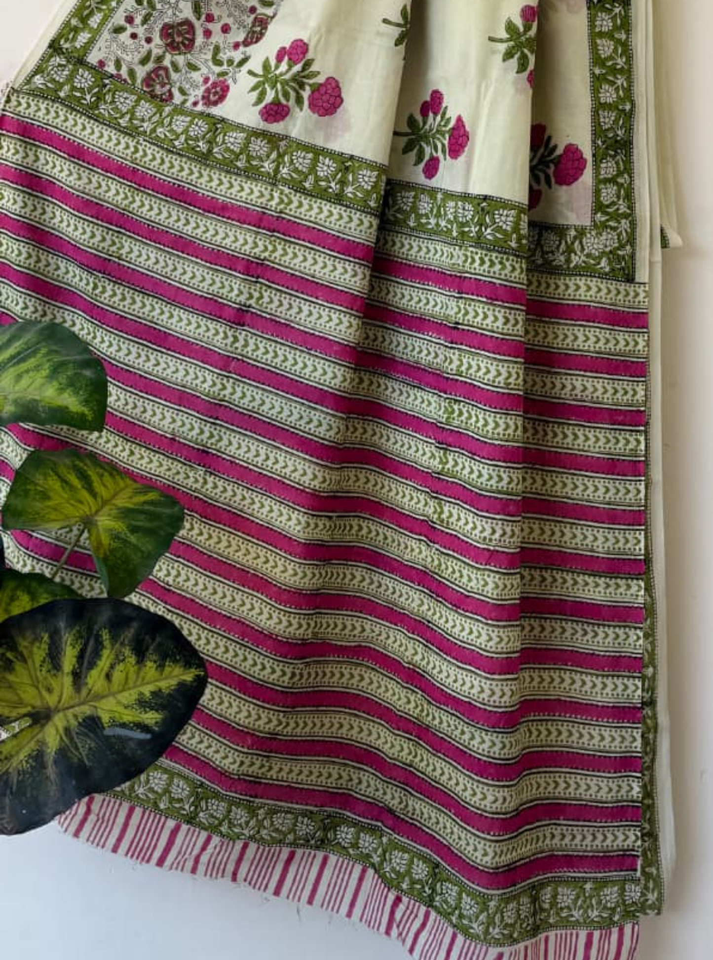 Ivory, Green & Pink Bagru Print Cotton Saree with Floral Stripes