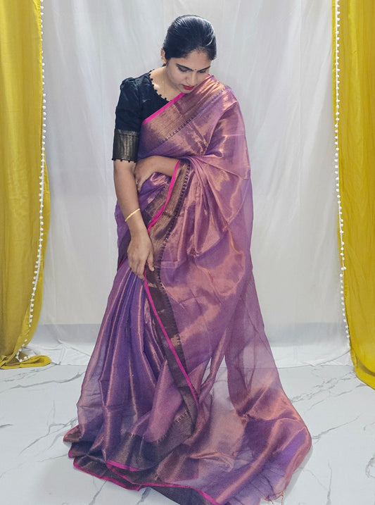 Lavender Rose Tissue Cotton Saree with Antique Zari Border & Pink Selvedge