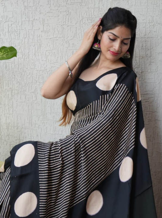 Bold Geometry Modal Silk Ajrakh Saree with Hand-Blocked Polka & Stripe Motifs