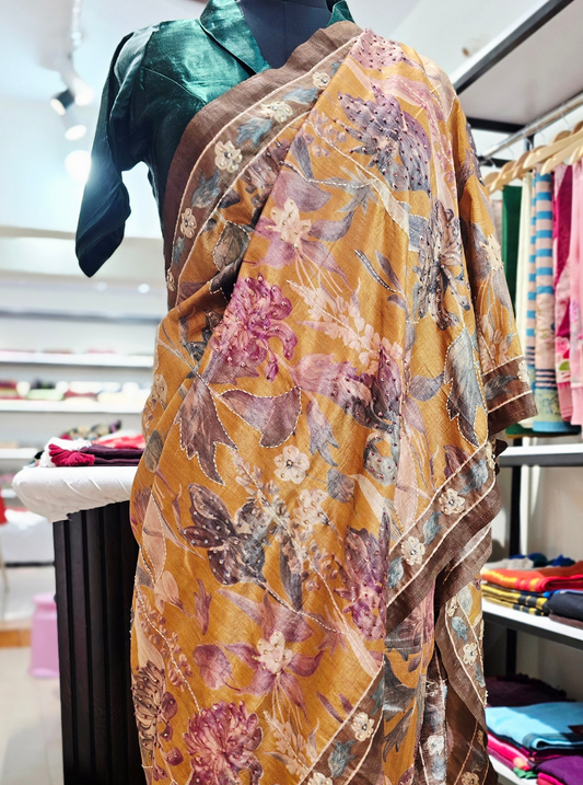 Elegant Mustard Tussar Silk Saree with Floral Embroidery