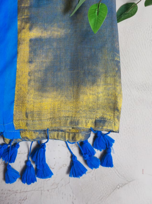 Blue & Gold Tissue Cotton Saree with Contrast Border