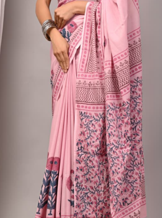 Soft Pink Bagru Print Cotton Saree with Floral Pallu