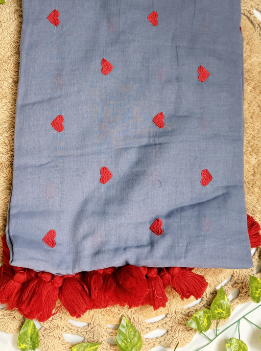 Smoky Grey Mul Cotton Saree with Red Heart Motifs & Tassels