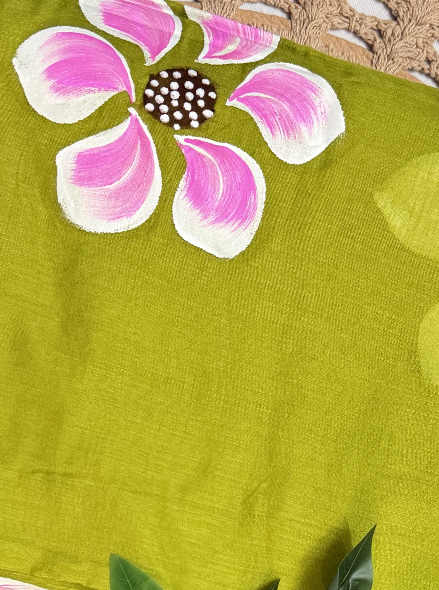 Lime Green Mul Cotton Saree with Hand-Painted Pink Floral Design & Contrast Tassels