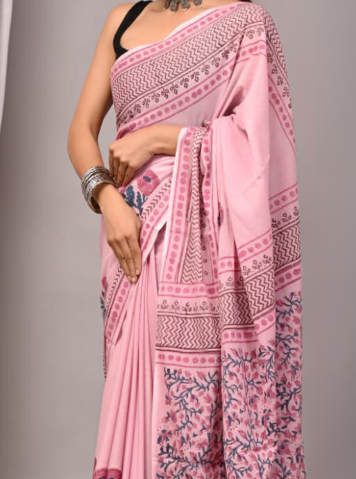 Soft Pink Bagru Print Cotton Saree with Floral Pallu