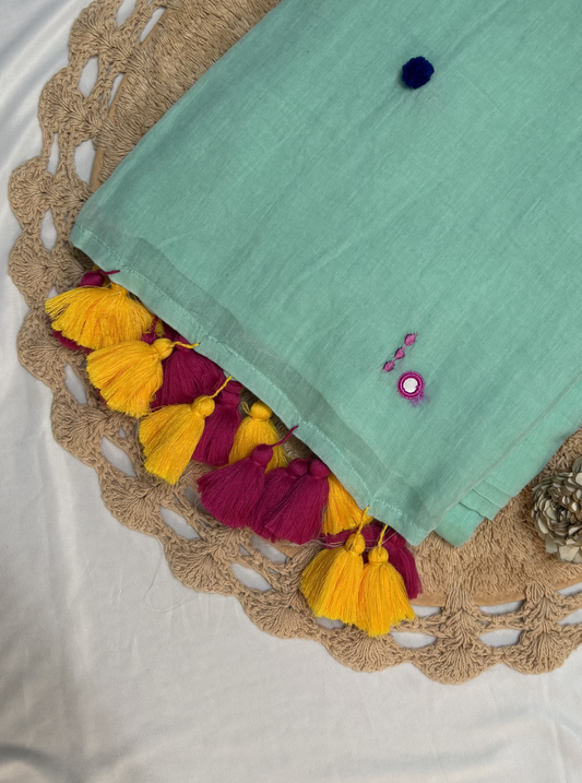 Mint Green Mul Cotton Saree with Multicolor Tassel Pallu