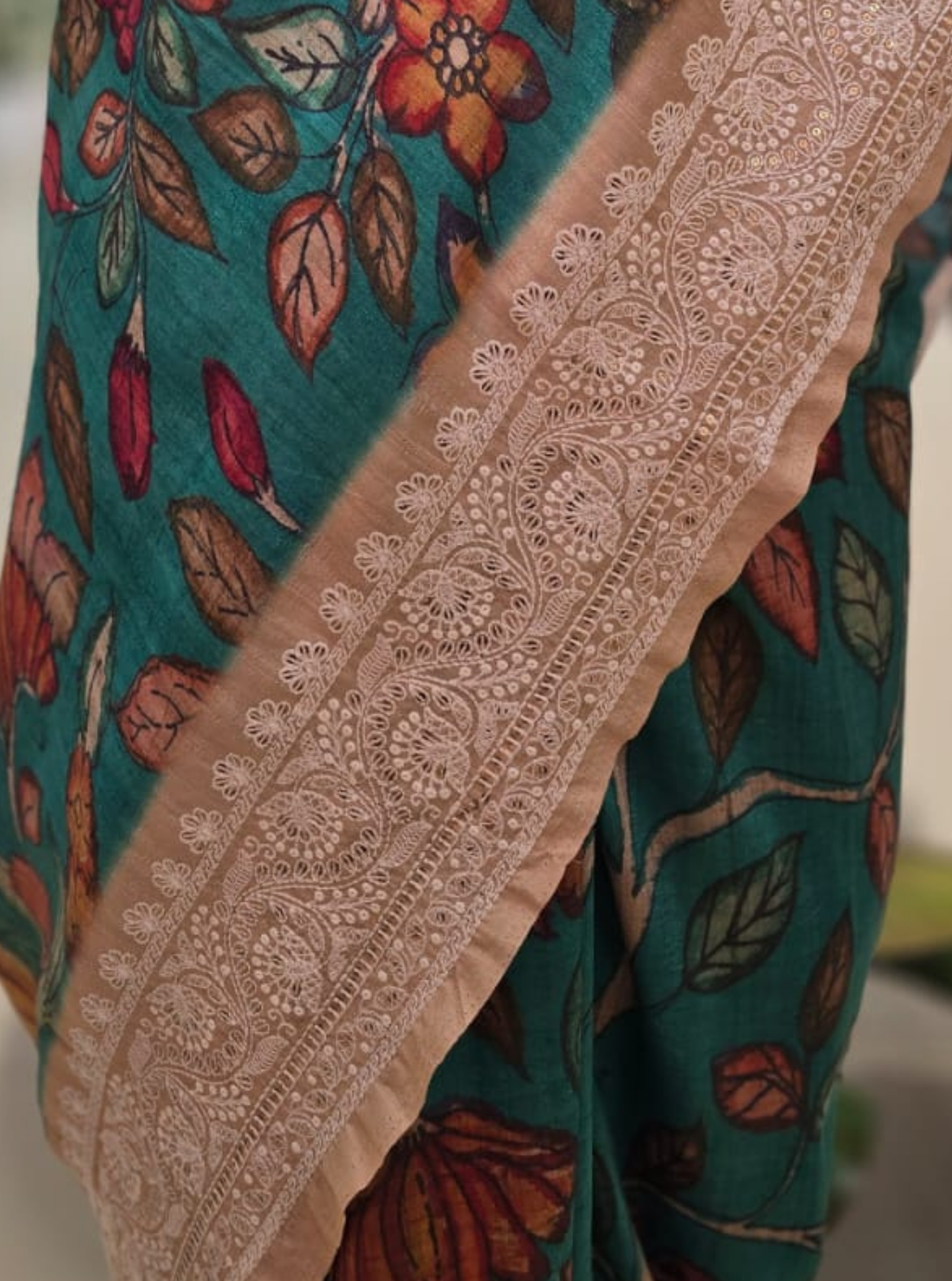 Teal Green Tussar Silk Saree with Kalamkari Bird & Floral Print