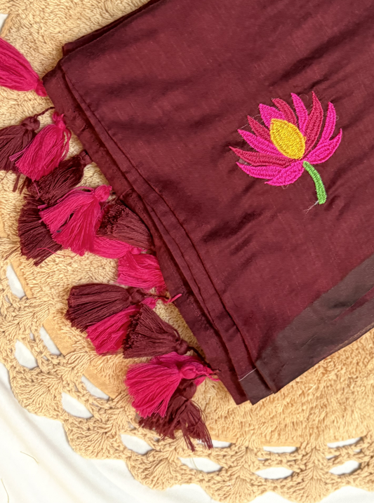 Deep Maroon Mul Cotton Saree with Embroidered Lotus Motif & Contrast Tassels