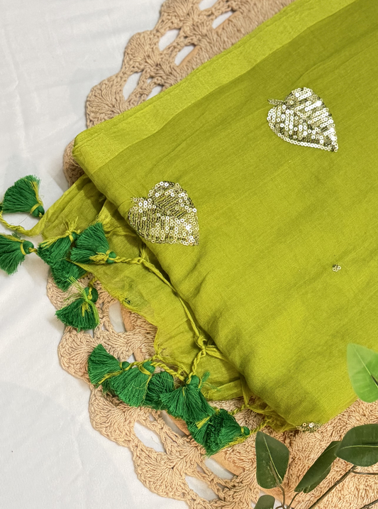 Lime Green Mul Cotton Saree with Sequin Leaf Motifs & Tassels