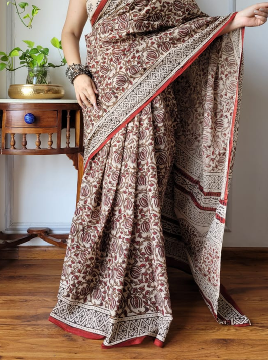 Elegant Beige Cotton Ajrakh Saree with Traditional Handblock Prints