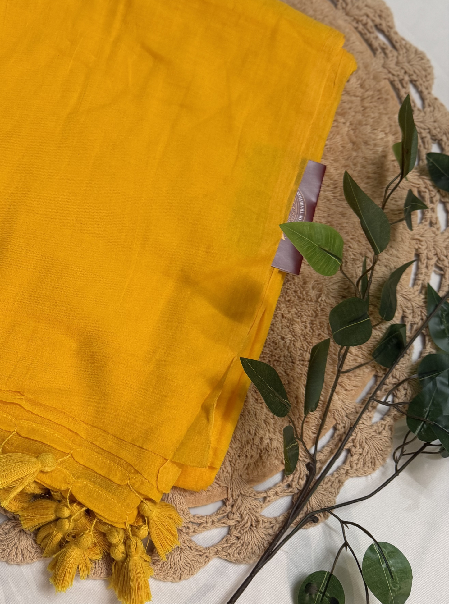Mustard Yellow Mul Cotton Saree with Tassel Pallu