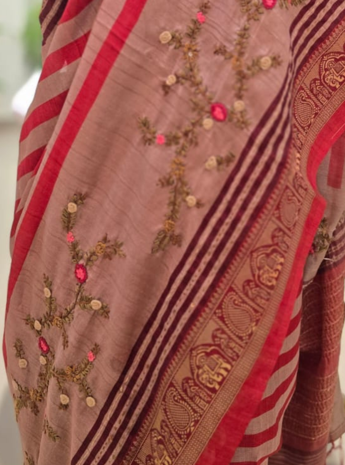 Beige Tussar Silk Saree with Floral Embroidery & Contrast Border