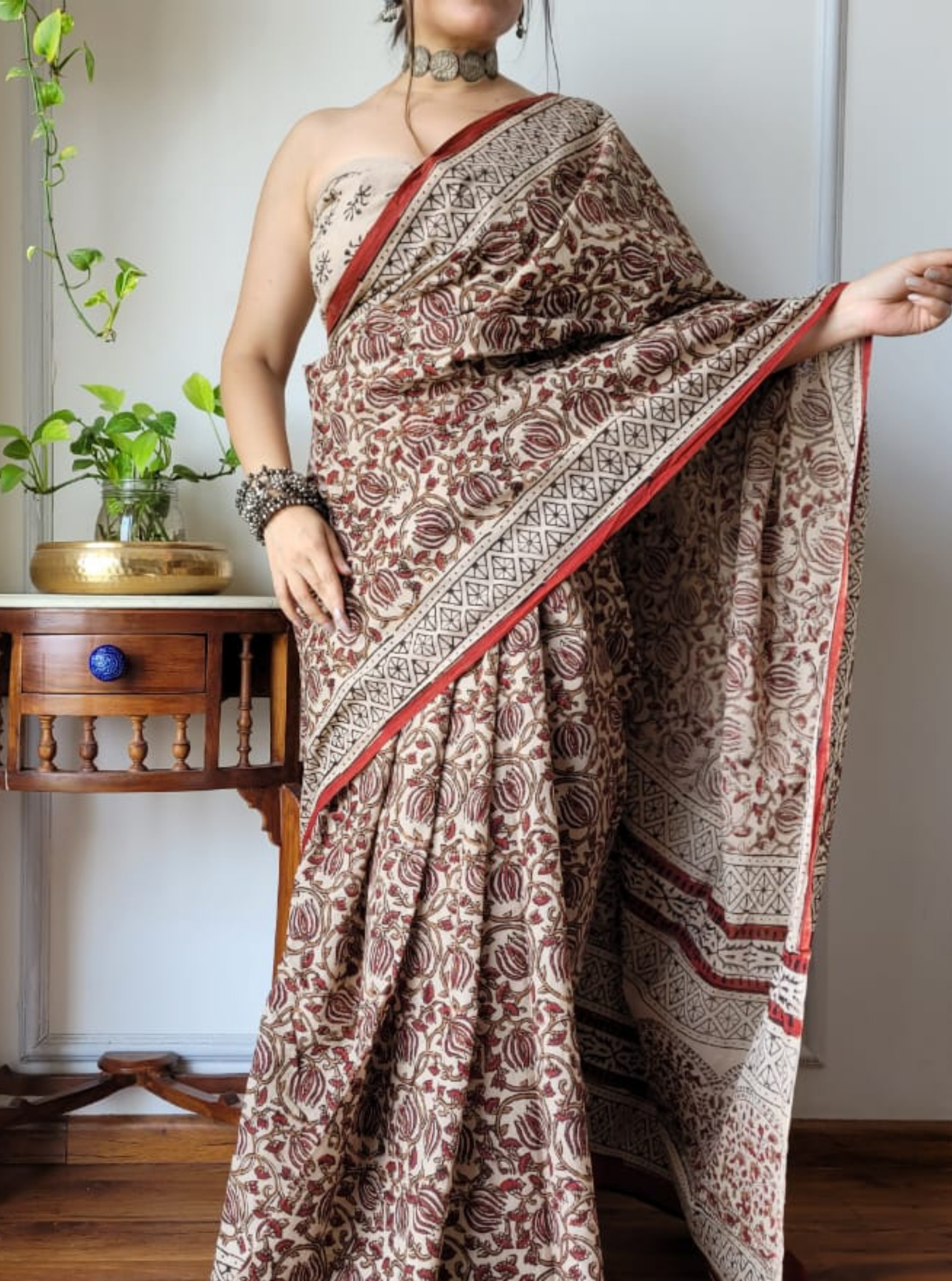 Elegant Beige Cotton Ajrakh Saree with Traditional Handblock Prints