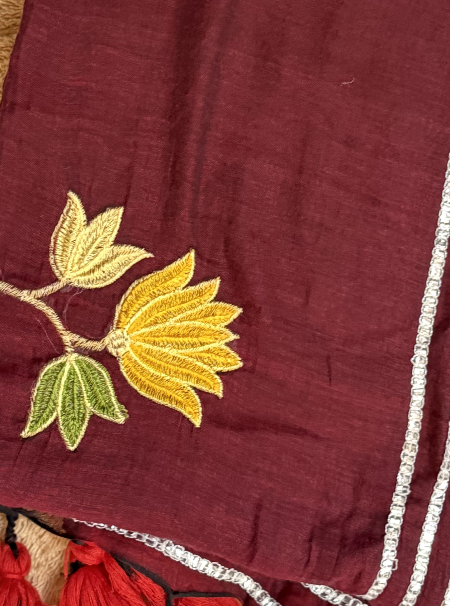 Wine Maroon Mul Cotton Saree with Floral Embroidery & Silver Border
