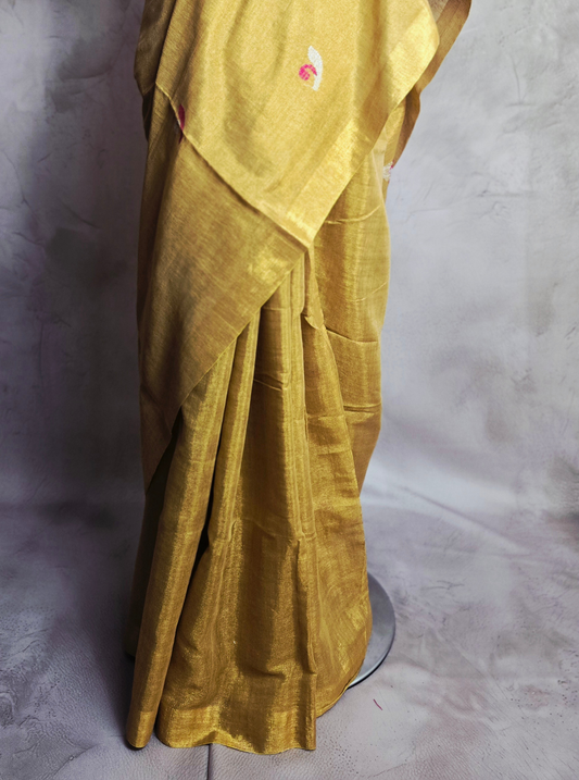 Golden Yellow Linen Tissue Saree with Delicate Motifs