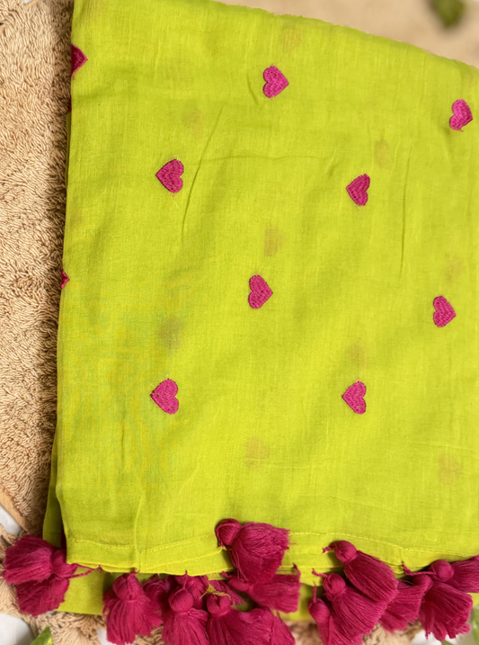 Lime Green Mul Cotton Saree with Pink Heart Motifs & Tassels