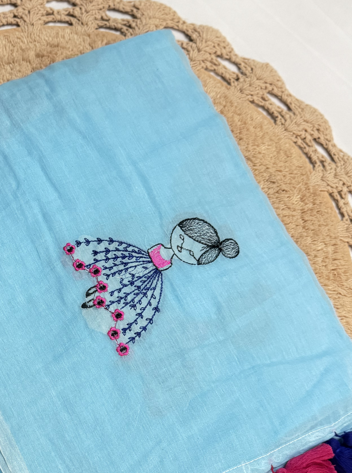 Sky Blue Mul Cotton Saree with Hand Embroidered Motif & Contrast Tassels