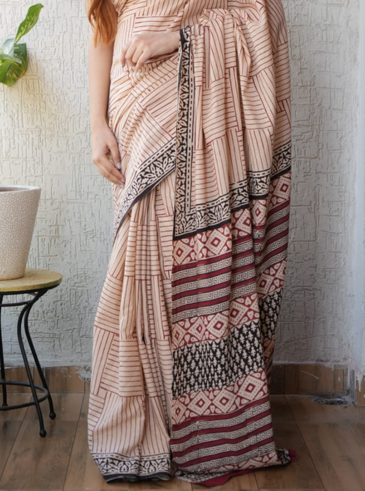 Elegant Beige Cotton Saree with Stripes & Traditional Printed Pallu
