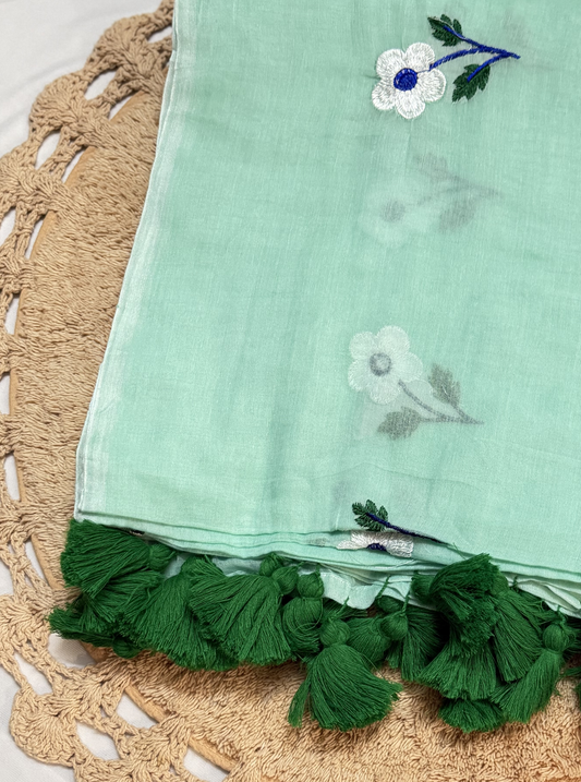 Mint Green Mul Cotton Saree with Delicate Floral Motifs & Tassels