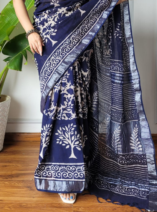 Navy Blue Cotton Linen Saree with Hand Block Tree Motifs & Elegant Pallu