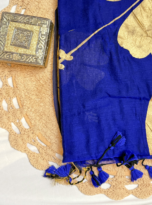Royal Indigo Mul Cotton Tissue Pallu Saree with Gold Leaf Design & Tassels