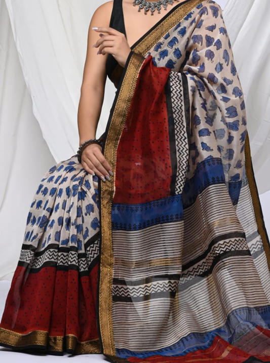 Beige Maheshwari Silk Saree with Indigo Motifs & Multicolor Pallu