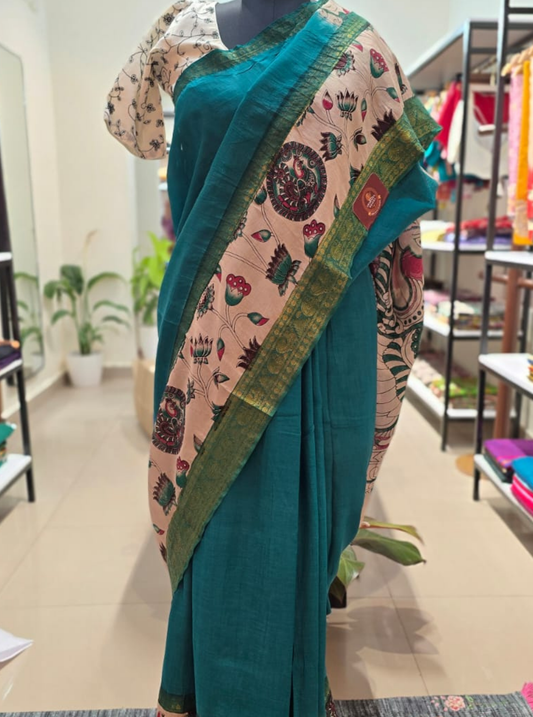Teal Mangalagiri Silk Saree with Kalamkari Print & Gap Border